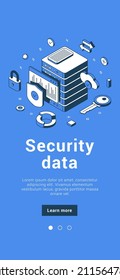 Security data server personal information protection cyberspace privacy mobile banner isometric vector illustration. Confidential account cyber content datacenter file storage with shield and padlock