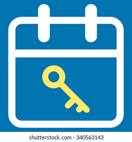 Security Date vector icon. Style is bicolor flat symbol, yellow and white colors, rounded angles, blue background.