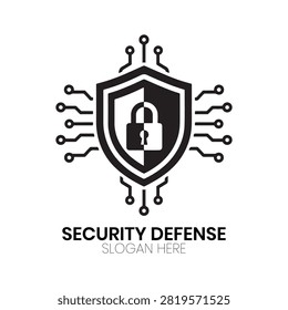 Security Defense logo highlights a stalwart security shield fortified with core digital encryption nodes and circuit lines. This dependable, resilient corporate mark is well-suited for network security companies, data recovery specialists, IT security auditors, or digital risk management firms desiring a powerful symbol of fortification, trust, and technological resilience.