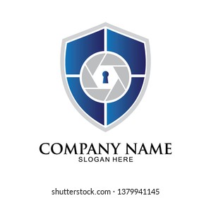 security and defense system icon vector logo design, a shield with diaphragm and key hole inside it