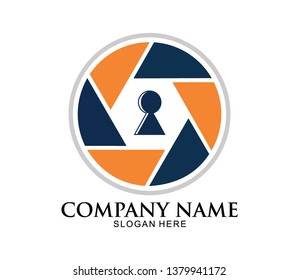 security and defense system icon vector logo design, a circle with diaphragm and key hole inside it