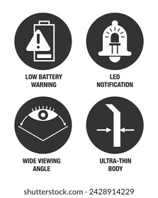 Conjunto de iconos de ventajas del dispositivo de seguridad: cuerpo ultrafino, ángulo de visión amplio, notificación led, advertencia de batería baja. Pictogramas para etiquetado en estilo monocromo y formas circulares