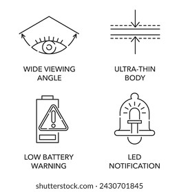 Security device benefits icons set - Ultra-thin Body, Wide Viewing Angle, Led Notification, Low Battery Warning. Pictograms for labeling in thin line