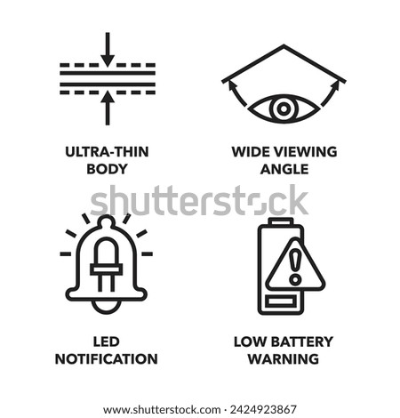 Security device benefits icons set - Ultra-thin Body, Wide Viewing Angle, Led Notification, Low Battery Warning. Pictograms for labeling in bold line