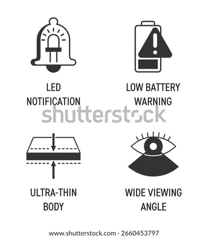 Security device benefits icons set - Ultra-thin Body, Wide Viewing Angle, Led Notification, Low Battery Warning. Pictograms for labeling in monochrome style