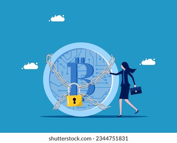Security of digital currency. Businesswoman and digital coin lock with padlock