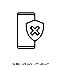 Security disabled thin line icon. Smartphone with shield with cross mark. Vector illustration.