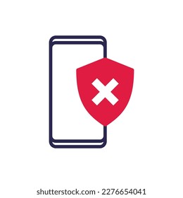 Security disabled thin line icon. Smartphone with shield with cross mark. Vector illustration.