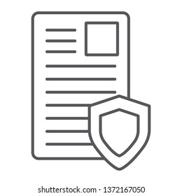 Security document thin line icon, privacy and paper, list with shield sign, vector graphics, a linear pattern on a white background, eps 10.