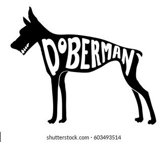 Security Dog Vector, Hand Drawn Doberman Pinscher In Black Silhouette Comic Style With Big Teeth, Snarling Mouth, Pointed Ears, And Skinny Body And Legs. White Letter Typography. Beware Of Dog Sign.