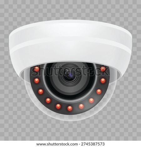 Security Dome Camera White CCTV Surveillance System for Realtime Monitoring Premises Watching and Control Safety Measure Police Service. 3D Realistic Vector Illustration