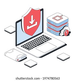 Security download file, cloud server. Vector 3d line isometric, color web icons, new flat style. Creative design idea for infographics.