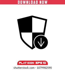 Security Download Shield . Black Vector Icon in flat design.Isolated.