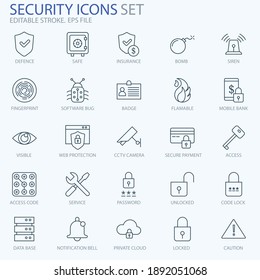 Iconos de trazo modificables de seguridad establecidos para su sitio web, logotipo, aplicación, interfaz de usuario, impresión de producto. Icono de ilustración de vector de silueta plana de concepto de seguridad.  Conjunto de iconos de trazo editable