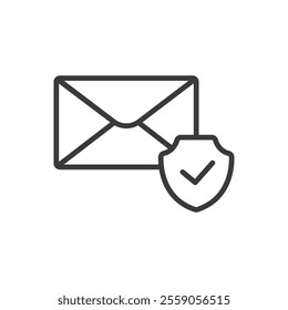 Security of email confirmed, icon in line design. Email, confirmed, protection, verified, safe, shield on white background vector. Security of email confirmed, icon in line design editable stroke icon