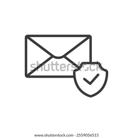 Security of email confirmed, icon in line design. Email, confirmed, protection, verified, safe, shield on white background vector. Security of email confirmed, icon in line design editable stroke icon