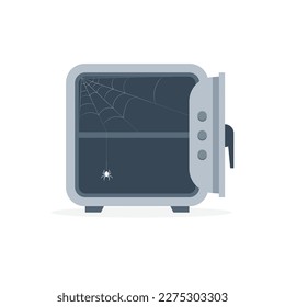 Security empty metal safe with spider inside. The safe box is covered in cobwebs. Icon for web, games, apps. Vector illustration isolated on white background.