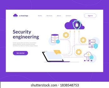 Security engineering landing page first screen. Build effective protecting scheme for corporate data and network against vulnerabilities. Risk reduce and cyber attacks defense of sensitive data