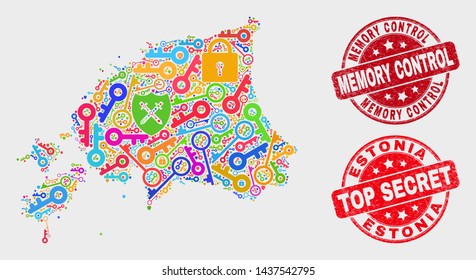 Security Estonia map and watermarks. Red round Top Secret and Memory Control scratched watermarks. Bright Estonia map mosaic of different shield icons. Vector combination for security purposes.