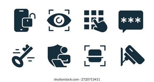 Seguridad excelente colección de iconos. Cerradura del teléfono móvil, exploración del ojo, acceso del teclado, mensaje de la Contraseña, búsqueda de la linterna, usuario del escudo, exploración del sistema, cámara de vigilancia