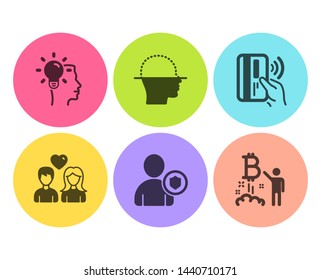 Security, Face scanning and Couple love icons simple set. Idea, Contactless payment and Bitcoin project signs. Person protection, Faces detection. People set. Flat security icon. Circle button. Vector