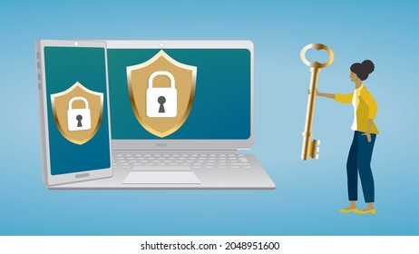 Security an firewall on computor and mobile phone. Woman with golden key. Vector illustration. Dimension 16:9.