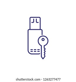 Security of flash card line icon. USB card with key on white background. Security concept. Vector illustration can be used for topics like safety, computer system