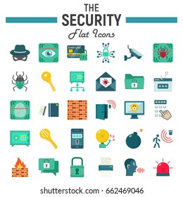 Security Flat Icon Set, Cyber Protection Symbols Collection, Safety Vector Sketches, Logo Illustrations, Colorful Solid Pictograms Package Isolated On White Background, Eps 10.