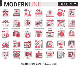 Security flat line concept symbols. Data PC Protection technology. Smart home safety, secure database, data privacy modern red black icons set.