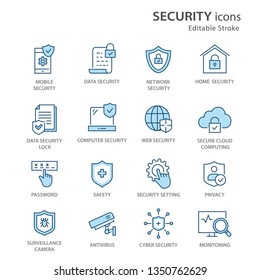 Security flat line icons. Set of privacy, protection, defense and more. Editable Stroke. Change to any size and any colour.