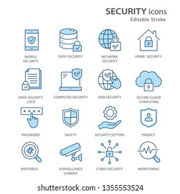 Security flat line icons. Set of privacy, protection, defense and more. Editable Stroke. Change to any size and any colour.