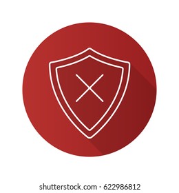 Security flat linear long shadow icon. Protection shield with cancel cross. Vector line symbol