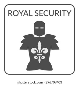 Security flat symbol. Gray silhouette armor with royal fleur de lis on a white background. Service Concept. Logo Design for Security companies or agency. Protection idea. Safety Logo template