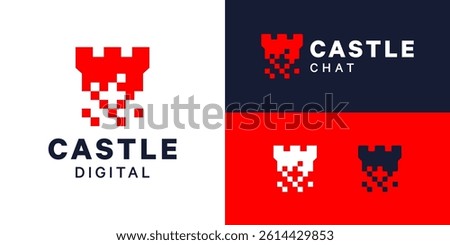 Security fortress building logo design. Castle logo with digital pixel logo design vector symbol icon
