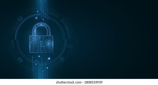 Security futuristic lock in user interface with HUD elements. Password protection of computer system data. Glowing computer circuit board. Vector illustration. EPS 10.