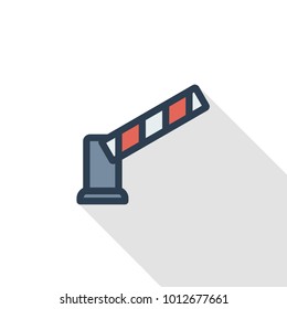 security gate, stop car barrier thin line flat icon. Linear vector illustration. Pictogram isolated on white background. Colorful long shadow design.
