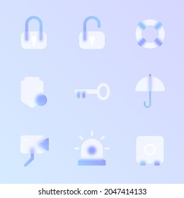 security glass morphism trendy style icon set. security transparent glass color vector icons with blur and purple gradient. for web and ui design, mobile apps and promo business polygraphy