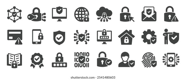 Security glyph solid icons collection. Containing protection, safety, cyber security, guard. Minimal icon and symbol series vector illustration