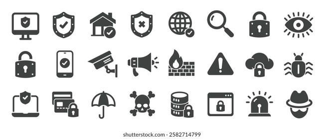 Security glyph solid icons collection. Containing content safety, protection, guard, cyber security. Minimal icon and symbol series vector illustration