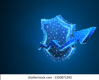 Security growth arrow on shield abstract neon 3d illustration. Polygonal Vector business concept of data, success protection . Low poly wireframe, triangle, lines, dots, polygons on blue background