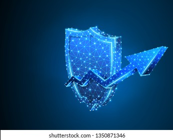Security growth arrow on shield abstract neon 3d illustration. Polygonal Vector business concept of data, success protection . Low poly wireframe, triangle, lines, dots, polygons on blue background