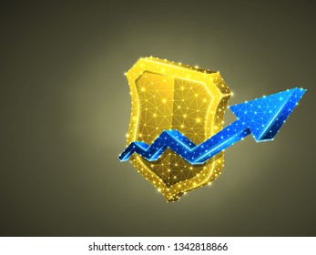 Security growth arrow shield abstract neon image. Polygonal Vector business concept of data protection illustration. Low poly wireframe, geometry triangle, lines, dots, polygons on blue background