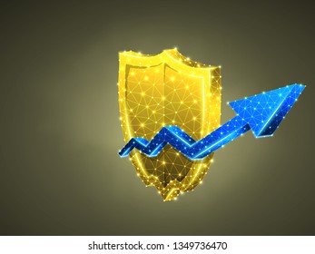 Security growth arrow shield abstract neon image. Polygonal Vector business concept of data protection illustration. Low poly wireframe, geometry triangle, lines, dots, polygons on blue background