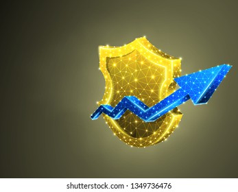 Security growth arrow shield abstract neon image. Polygonal Vector business concept of data protection illustration. Low poly wireframe, geometry triangle, lines, dots, polygons on blue background