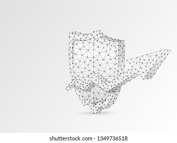 Security growth arrow shield abstract origami image. Polygonal Vector business concept of data protection illustration. Low poly wireframe, geometry triangle, lines, dots, polygons on white background