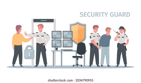 Security guard agency service cartoon composition with view of prohibition of entry and arrest of trespasser vector illustration