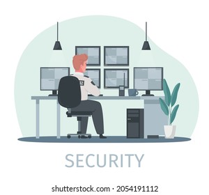 Security guard agency service cartoon composition with text and human character sitting at workplace with screens vector illustration