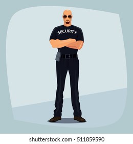 Security guard, bald man of strong physique in black uniform of security services, stands confidently, arms crossed on his chest. Safety concept. Cartoon style. Vector illustration