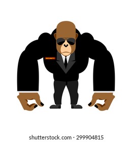 Security guard big gorilla  black suit. Bodyguard animal. Vector illustration