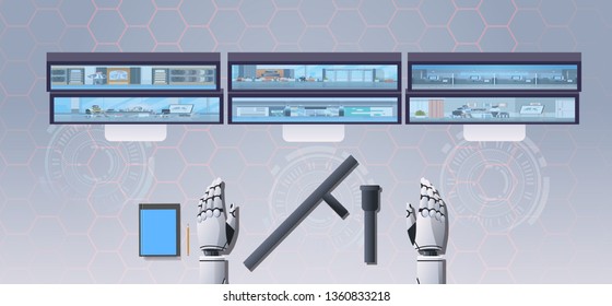 security guard bot at workplace with monitor screen robot monitoring cctv cameras artificial intelligence concept top angle desktop view surveillance security system horizontal